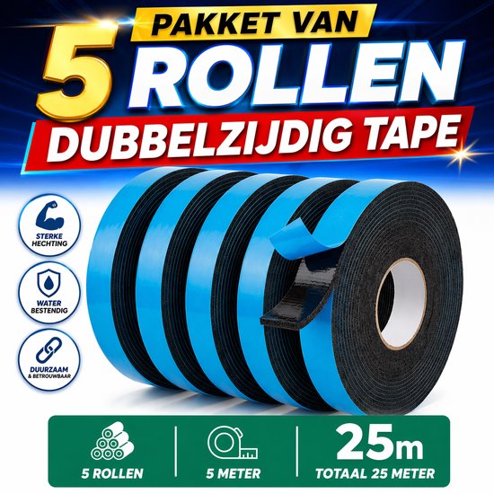 24ME® - Pakket van 5 Rollen - 25 Meter Foam Tape – 2 cm Breed – Dubbelzijdige Tape voor Montage, Klussen, Auto & Hobby