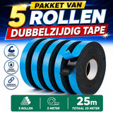 24ME® - Pakket van 5 Rollen - 25 Meter Foam Tape – 2 cm Breed – Dubbelzijdige Tape voor Montage, Klussen, Auto & Hobby