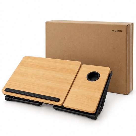 Laptoptafel voor Bed & Bank – Inklapbare Bedtafel met Verstelbaar Werkblad – Bekerhouder & Zijblad – Laptopstandaard van Bamboe – Tot 45 kg