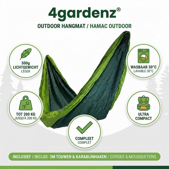 4gardenz® Outdoor Hangmat – Parachutestof – 270 cm – Compact & Sterk - Groen