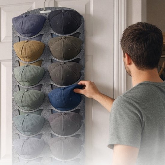 Cap Rack - Petjes Organizer voor aan Deur - Grijs - 14 Petten - Organizer voor Petjes en Caps - Petjes Opbergsysteem - Vilt - Petten Houder - Petten Opbergzak - Hat Holder - 130 x 46 cm