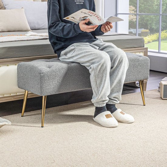 Bedbank met Gouden poten gestoffeerd lamswol optiek 41x112x46cm - Grijs