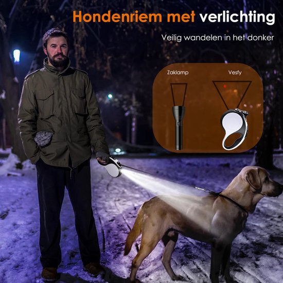 Hondenriem 5 meter met Lamp - Tot 50KG - Geschikt voor Grote & Kleine Honden - Rollijn hond - Automatische Rollijn