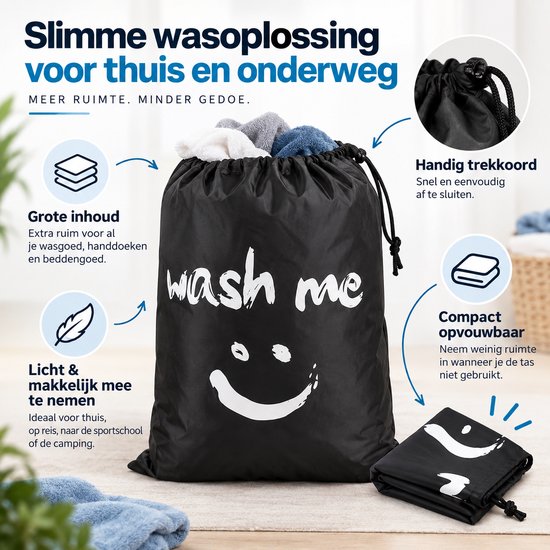 Waszak Groot – 92 x 61 cm – Opvouwbare Wasmand met Trekkoord – Grote Wasgoedzak voor Kleding, Handdoeken & Beddengoed – Lichtgewicht – Zwart