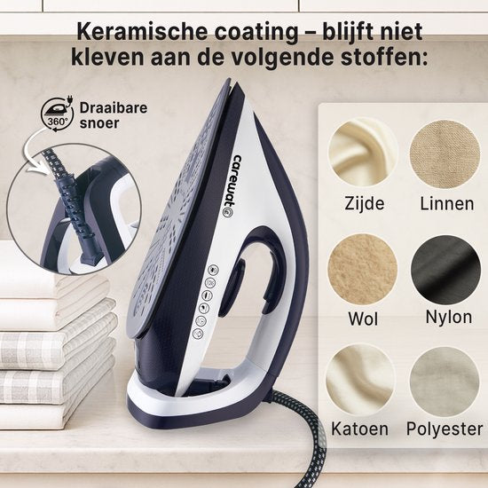 Carewat Stoomstrijkijzer met Stoomgenerator - Wit - 2200W - 1.5L Uitneembare Watertank - 100 g-min Stoomproductie - Keramische Zoolplaat - 3.0 Bar Stoomdruk - Anti-Oververhitting - Geschikt voor alle stoffen