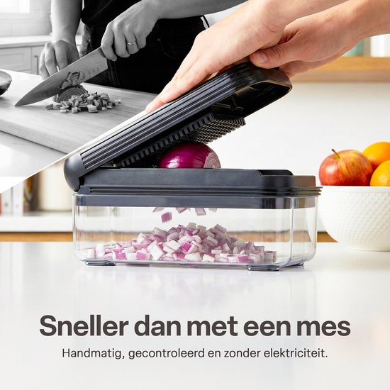 Groentesnijder Set met Opvangbak 750 ml – Mandoline Snijder – Groente Hakker – Uiensnijder – Blokjessnijder – Julienne Snijder – Groente Rasp – Keuken Mandoline met 5 RVS Messen