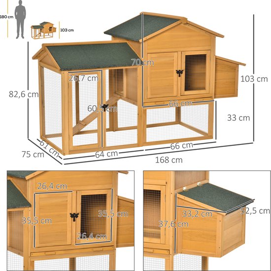 Kippenhok met Uitloop en Nestkast - Hout 168x75x103 cm