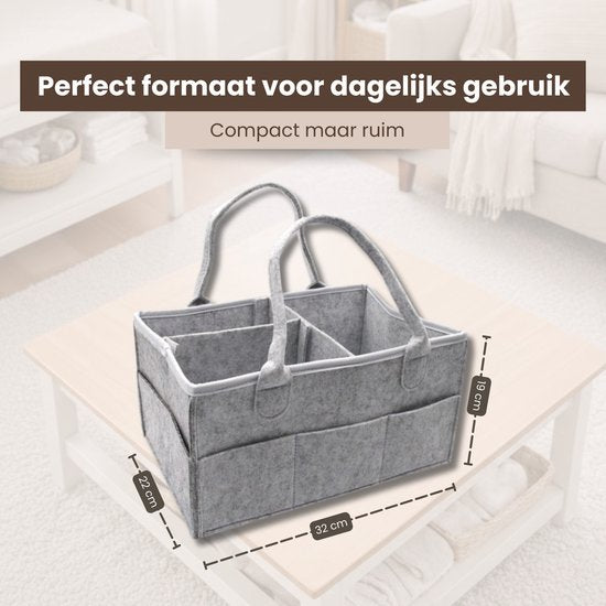 Luiertas Vilt - Grijs - Vilt - 32 x 22 x 19 cm - Luier Organizer - Draagbare Organiser met Handige Vakken - Verzorgingstas