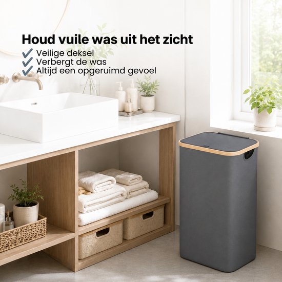 Wasmand met Deksel – Opvouwbare Wasmand – Wasbox 100L – Wassorteerder met Binnenzak – Grijs – Voor Badkamer, Slaapkamer en Wasruimte