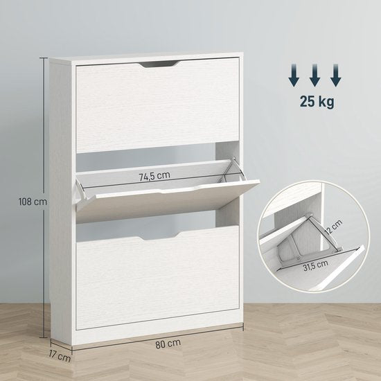Schoenenkast 3-vaks voor 12 Paar Schoenen mt 47 - 17x80x108 cm - Wit