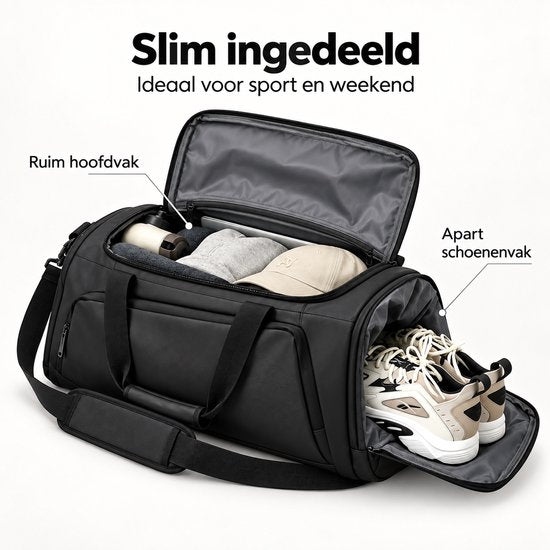 Sporttas 40L – 3-in-1 Sporttas, Reistas & Rugzak – Met Schoenenvak – Schoudertas met Rugzakbanden – Weekendtas – 58 × 26 × 26 cm – Zwart
