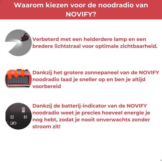 NOVIFY Noodradio - Oplaadbare Radio met Powerbank en Zaklamp - AM/FM - USB-C Kabel - Opladen via Zon, USB & Crank - Survival Radio voor Noodsituaties en Avontuur