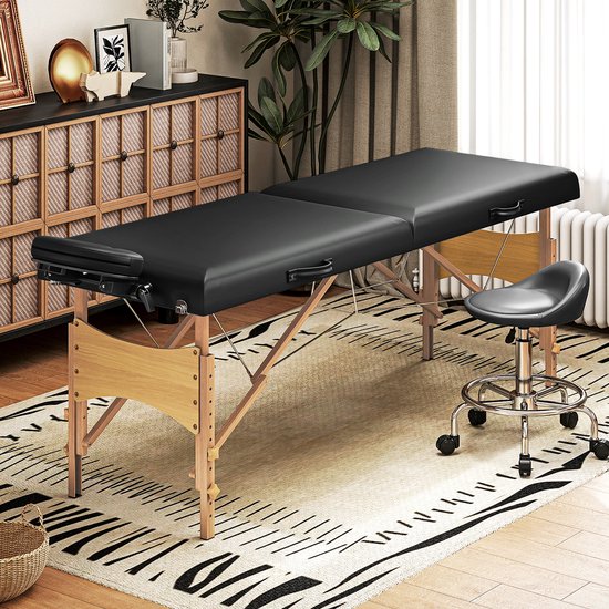 Hoogteverstelbare Massagetafel met Houten Frame - Opvouwbaar Massagebed met Schuimvulling - Zwart