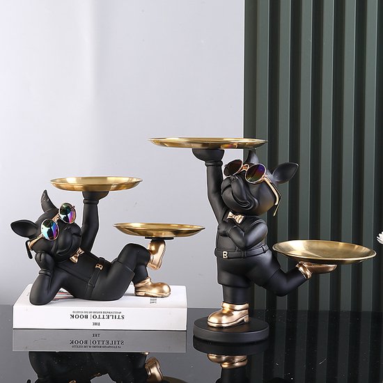Franse Bulldog Beeld - Sleutelbakje - Sieraden Bakje - Kaarsenstandaard - Oranje - Goud - Decoratie - Incl. Zonnebril