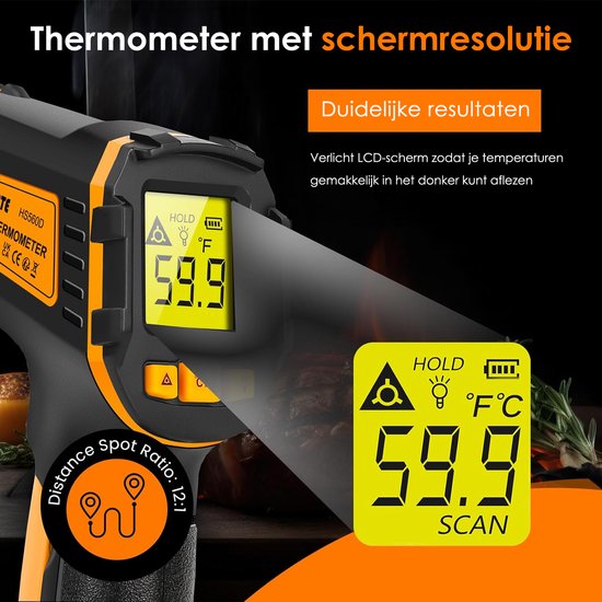 Vesfy Digitale Infrarood Thermometer - Bereik -50 t-m +490 °C - IR Thermometer - Warmtemeter - Vleesthermometer
