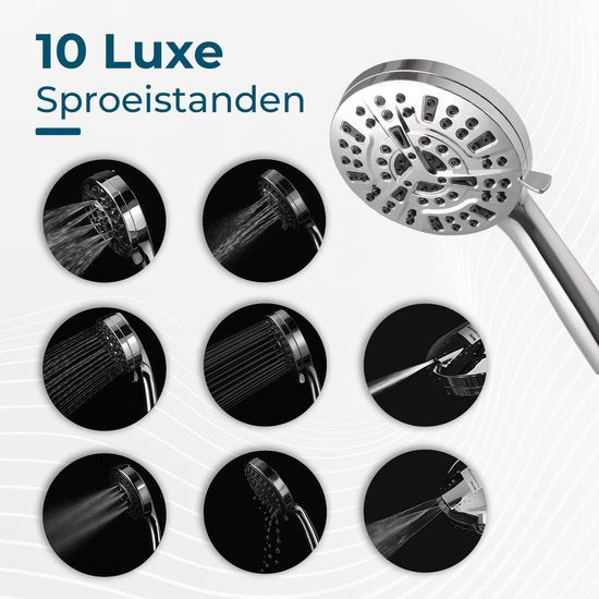 AKSA Home® Douchekop met Slang - Douchekop met Filter - 10 sproeistanden - Regendouche met Hoge Druk - Zilver