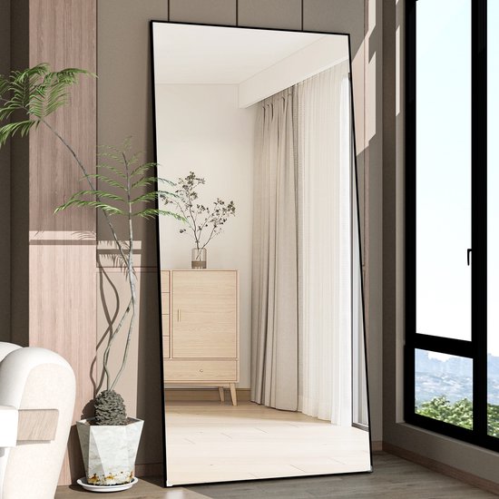 Vloerspiegel Rechthoek- 165 x 61 cm - Zwart - Passpiegel met Standaard Grote Wandspiegel - Hangende Spiegel - Staande Spiegel - Passpiegel Staand