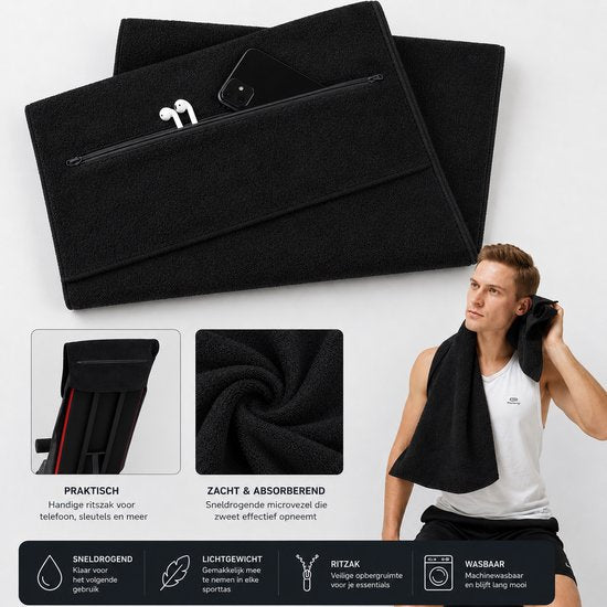 SparkNine Microvezel Handdoek - met ritsvak - S - 38x94 cm - zwart - handig & functioneel - sneldrogend - absorberend & super zacht