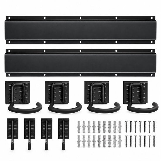 Fietsenrek Muur voor 4 Fietsen – Fiets Ophangsysteem Wand – Fietshouder met Rails & 8 Haken – Fiets Muurbeugel voor Garage en Schuur – Zwart