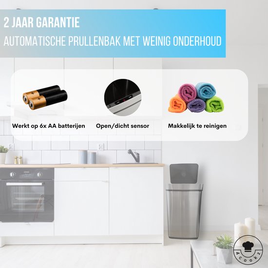 4cookz® Sensorprullenbak 60 liter - RVS Prullenbak