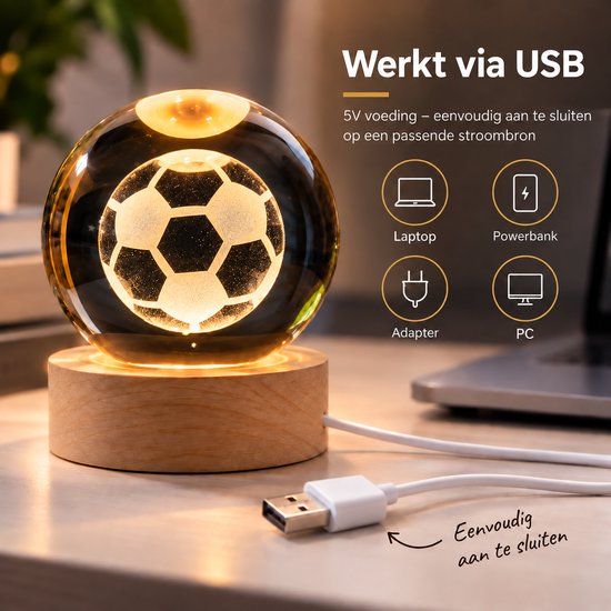DMG Supply 3D Kristallen Bol Lamp - USB Oplaadbaar - LED Lamp - Nachtlamp - Tafellamp - Bureaulamp