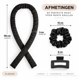 Heatless Curls Set – Krullen Zonder Hitte – Satijnen Krulband – Overnight Hair Curler – Inclusief 2 Scrunchies & Haarklem – Zwart