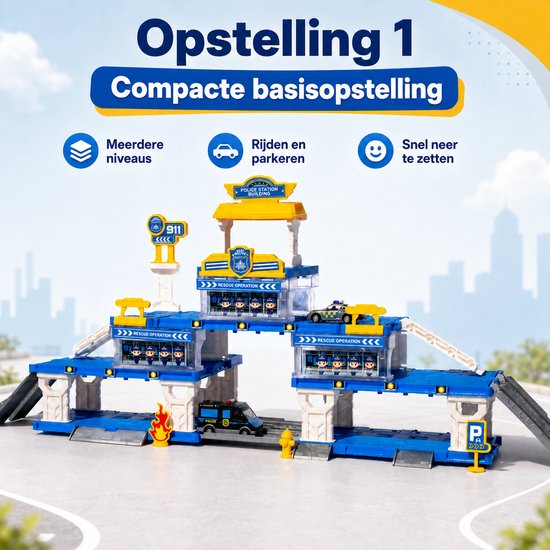 DMG Supply Politiegarage - 4-in-1 - Politiebureau met 2 Metalen Auto’s - 3 Laags Parkeergarage - Speelset