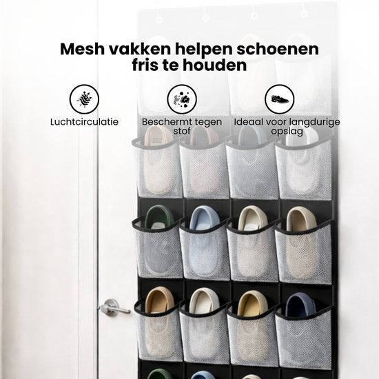 Schoenenkast Hangend - Schoenenzak 24 vakken - Opbergen van Schoenen aan Deur - Schoenenzak Zwart - Wit - Oplossing voor rondslingerende schoenen - Hoogwaardige Schoenenkast