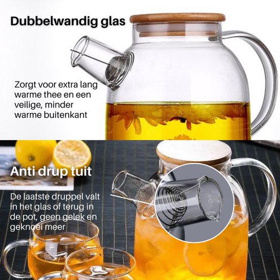 GREENKY® Glazen theepot met filter en bamboe deksel- Theekan - Duurzaam - Filter - Theehouder - Theeglas - Fruitkan - Schenkkan - Teapot - 1,6Liter - 1600ml