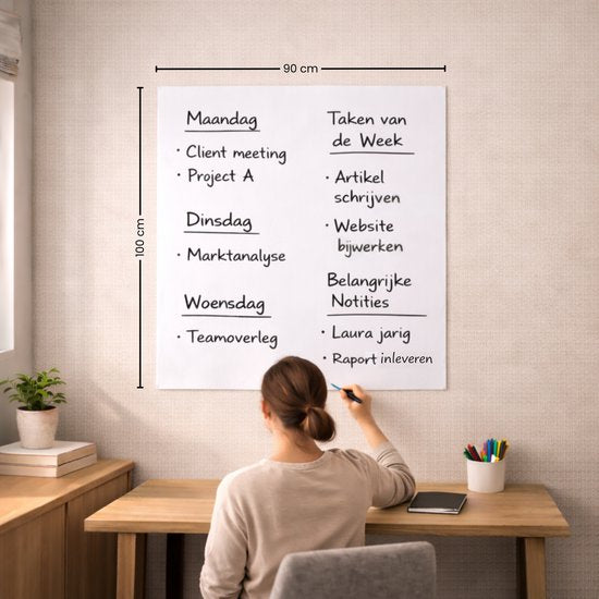 FLOKOO Whiteboard Sticker XL Zelfklevend (200 x 45 cm) met 4 Stiften met Wisser - Whiteboard Folie - Beschrijfbare Muursticker - Whiteboardsticker - Whiteboardfolie - Schoolbord Folie - Memobord Folie
