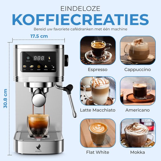 NovaWare® Espressomachine – Pistonmachine – Koffiemachines - Kopjesverwarmer - Met Stoompijpje - RVS