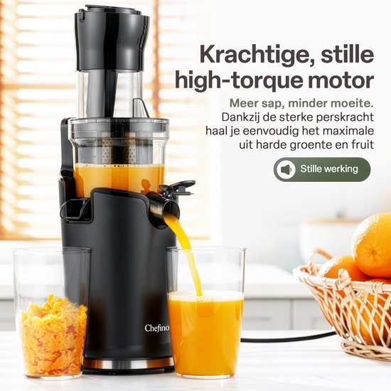 Chefino Slowjuicer – Koude Pers Sapcentrifuge – Extra Brede Vultrechter 9 cm – Stille High-Torque Motor – Dubbel Filtersysteem – Hoog Saprendement – Makkelijk te Reinigen