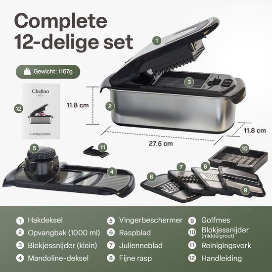 Chefino Groentesnijder Set 12-delig - Mandoline Keukensnijder met 7 Snijopties - Blokjessnijder - Julienne Snijder - Rasp - Uiensnijder - Opvangbak 1L