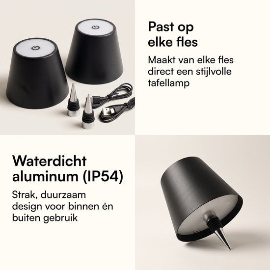 Fidali Flessenlamp - Oplaadbare LED Tafellamp USB-C - Dimbaar met touch bediening - Binnen & Buiten - Aluminium - Zwart - 2 Stuks