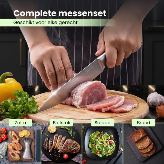 MoreCore Messenset met Blok en Messenslijper - Messenblok - Keukenmessen - Inclusief Keukenschaar - Koksmes - Krasbestendige - RVS - Zilverkleurig-Zwart - Vaderdag Cadeau