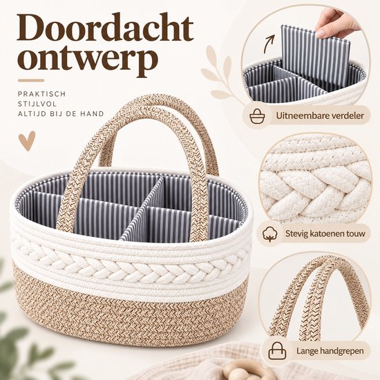 Luiermand voor Commode – Baby Organizer met Uitneembare Vakken – Commodemandje met Handvatten – 36 x 22 x 18 cm – Opbergmand voor Luiers, Doekjes & Babyverzorging – Beige