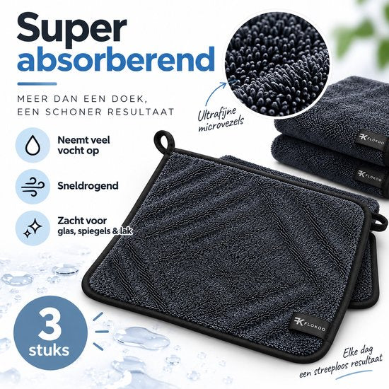 Microvezel Droogdoeken 60 x 40 cm – 3 Stuks – Autodroogdoek – Absorberende Microvezeldoek voor Auto, Lak, Glas & Ramen – Zwart