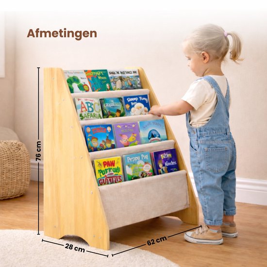Kinderboekenkast - Bruin - Hout met Linnen - Kinderboekenrek - Boekenrek Kinderkamer