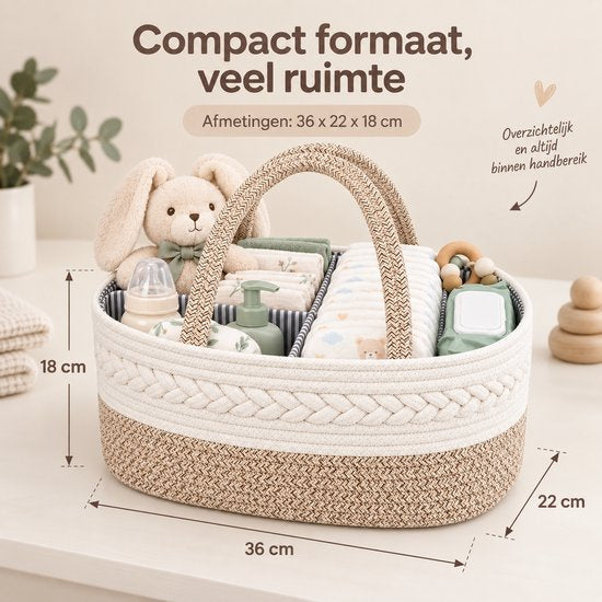 Luiermand voor Commode – Baby Organizer met Uitneembare Vakken – Commodemandje met Handvatten – 36 x 22 x 18 cm – Opbergmand voor Luiers, Doekjes & Babyverzorging – Beige