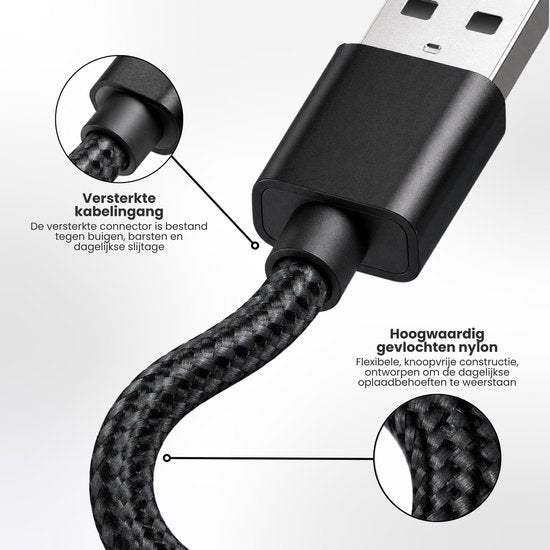FLOKOO 3-in-1 USB Kabel – 1 meter – Snelladen & Dataoverdracht – USB naar USB-C - Micro-USB - Lightning – Nylon Gevlochten – Zwart - Oplaadkabel Telefoon