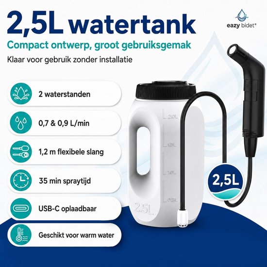 eazy bidet Draagbare Bidet - Montagevrij Bidet Voor WC - Bidet met 2,5L Watertank - Bidet Sproeier - Bidet Handdouche voor Thuis en op Reis