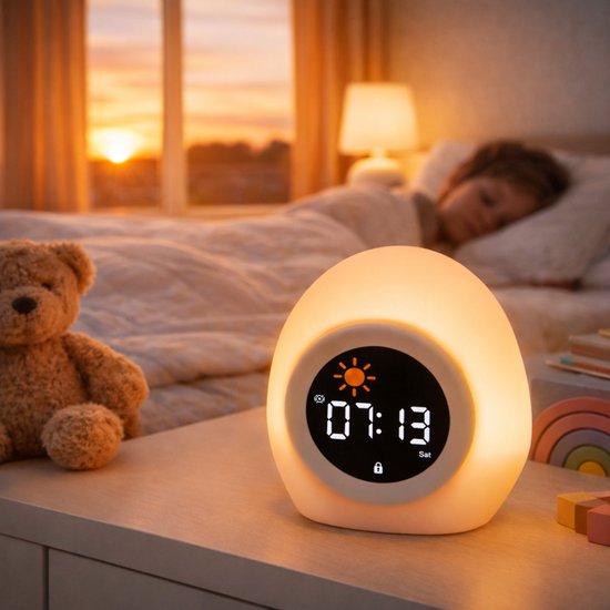Kinderwekker met Nachtlamp – Slaaptrainer Wekker Kind – Digitale Wekker Kinderkamer – LED Nachtlamp met Kleurenlicht – Oplaadbare Wekker Peuter & Kind – Slaaptrainer met Alarm en Snooze