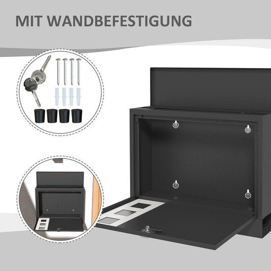 Wandbrievenbus modern - Afsluitbaar met slot - 36,5x11,5x29 cm - Zwart