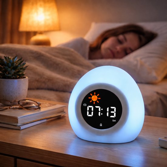 Kinderwekker met Nachtlamp – Slaaptrainer Wekker Kind – Digitale Wekker Kinderkamer – LED Nachtlamp met Kleurenlicht – Oplaadbare Wekker Peuter & Kind – Slaaptrainer met Alarm en Snooze