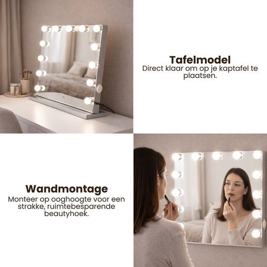 ⁠Jeemsie – Hollywood Spiegel met Verlichting – 3 Lichtstanden, Dimbaar, Touch – Tafel & Wandmontage – 58×48 cm – Wit