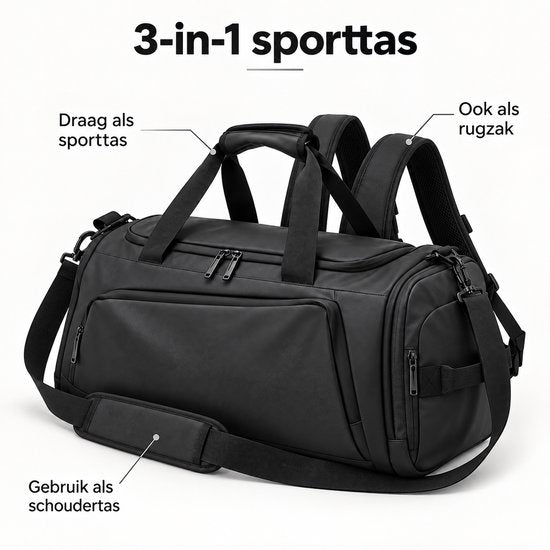 Sporttas 40L – 3-in-1 Sporttas, Reistas & Rugzak – Met Schoenenvak – Schoudertas met Rugzakbanden – Weekendtas – 58 × 26 × 26 cm – Zwart
