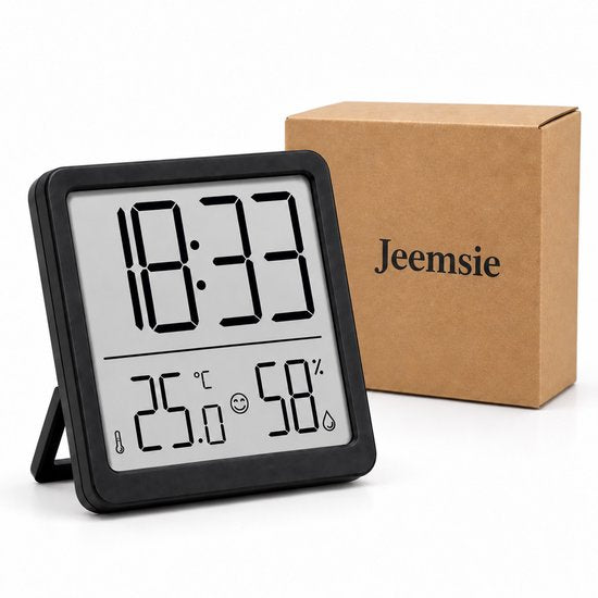 Digitale Thermometer Hygrometer met Klok – Binnen Thermometer – Luchtvochtigheidsmeter – Groot LCD Display – Temperatuur, Luchtvochtigheid & Tijd – Zwart
