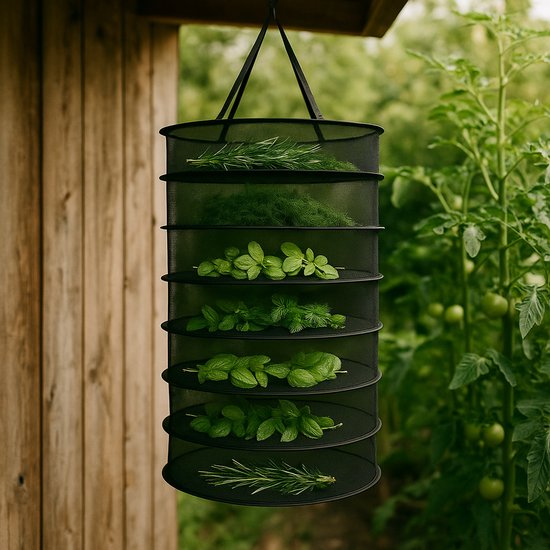 Hangend Droognet voor Kruiden - 8 Laags Droogrek met Ritsen - Opvouwbaar Droogrek voor Binnen en Buiten - Ø 60 cm - 120 cm Hoog – Inclusief Opbergtas – Ademend en Stevig