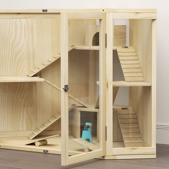 Hamsterkooi 4-Laags met Wip Loopplank en Hutjes - 69x115x79 cm - Hout