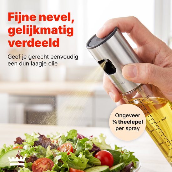 Oliespray Fles 90 ml – Olijfolie Spray met Fijne Nevel – Olieverstuiver met Maatverdeling – Inclusief Trechter, Reinigingsborstel & Siliconen Bakkwast – Voor Airfryer, BBQ en Salade